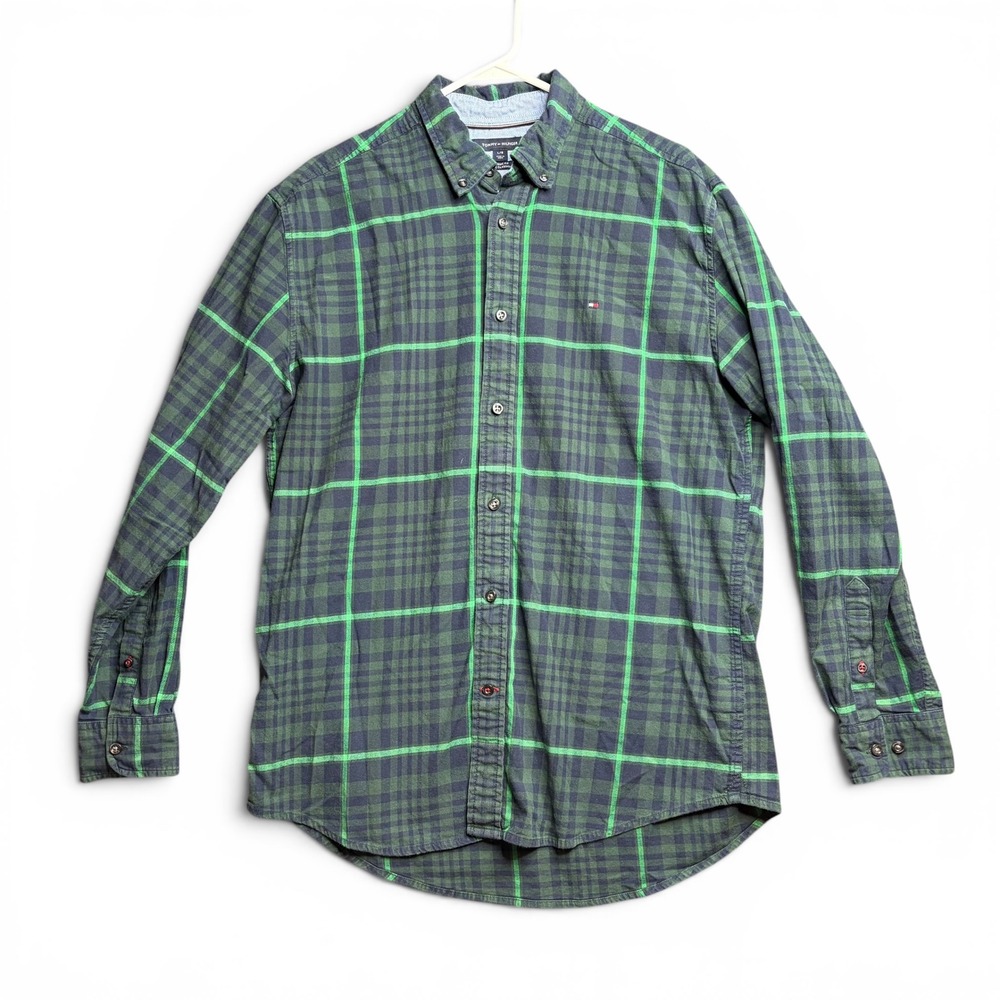 Tommy Hilfiger Mens Classic Fit Plaid Button Down Shirt Green Navy Blue L